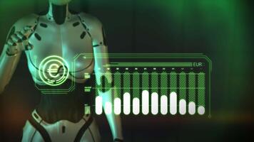 An AI robot monitors the growth of euro quotes on a virtual panel. video
