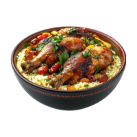 a chicken with couscous and vegetables in a bowl on a transparent background png