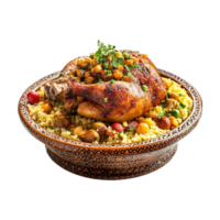 chicken with couscous and vegetables in a bowl on a transparent background png