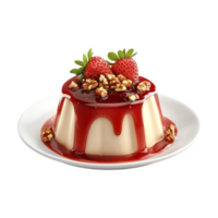 a panna cotta with strawberries and walnuts on a plate png