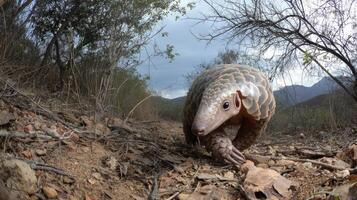 Pangolin Walking in Dry Landscape With Foliage and Rocky Terrain During Cloudy Weather photo