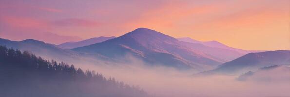 Breathtaking Sunrise Over Foggy Mountains With Pastel Hues Illuminating the Tranquil Landscape and Creating a Serene Atmosphere at Dawn photo