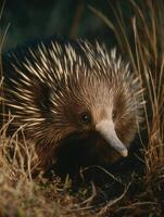 Long-beaked Echidna Explores Dry Grassland Under Soft Side Lighting in a Natural Habitat photo