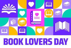 National Book Lovers Day background, banner or poster design for August 9 featuring bold purple and turquoise text with book-themed icons and hearts, celebrating reading passion, literacy vector