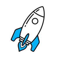 Blue and White Rocket Ship Icon Launching Upward isolated on a transparent background png