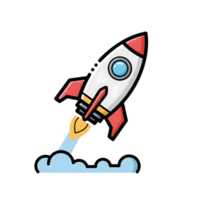 Cartoon Rocket Ship Launching Upwards Red White Yellow Blue Icon isolated on a transparent background png