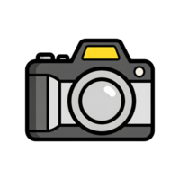 Gray and Black D S L R Camera Icon Yellow Flash isolated on a transparent background png