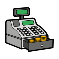 Gray Cash Register with Open Drawer and Gold Coins icon isolated on a transparent background png
