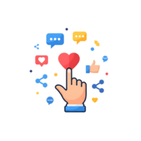 Hand clicking red heart icon surrounded by social media symbols like speech... isolated on a transparent background png