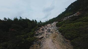 A rocky landscape with scattered stones and sparse vegetation under a cloudy sky. The terrain appears rugged and uneven, with patches of greenery in the background. video