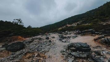 A rocky landscape with sparse vegetation, featuring gray stones and a cloudy sky. The terrain appears rugged and uneven, with patches of greenery in the background. video