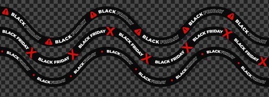 Black Friday tape with warning icons, alert signs, bold text on wavy ribbon. Urgency, danger, clearance promotion for high-impact campaigns. Flat illustration. vector