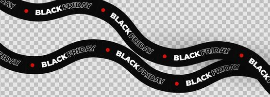 Black Friday text on curved black tape with red dots, bold modern design. Attention-grabbing banner for urgent retail sale promotion. Flat illustration. vector