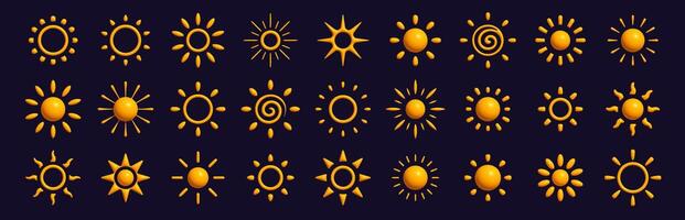 Set of glowing sun icons in modern cartoon style. Bright summer collection for weather apps, UI buttons, graphic design, or decorative elements. illustration. vector