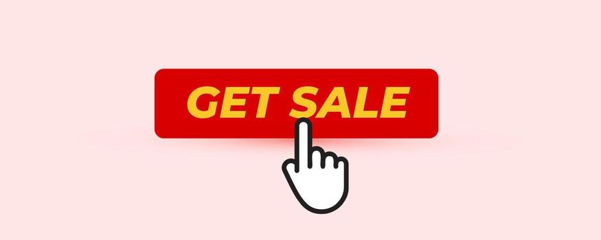 rojo obtener rebaja botón con mano icono haciendo clic centro. fuerte visual señal, alienta inmediato interacción. comercio electrónico, aplicación promoción usar. plano ilustración vector