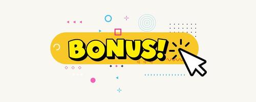 Playful comic bonus button with cursor click elements in Memphis style. Eye-catching, energetic design. Ideal for banners, games, app CTA. Flat illustration vector