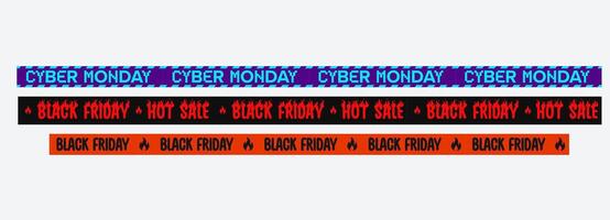Black Friday and Cyber Monday Tape Banner Set for Promotions, Discounts, and Shopping Events. Bold, Colorful, and Eye-Catching Design. Illustration vector