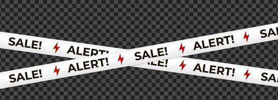 White crossed tape with SALE ALERT text, red lightning bolt symbols create urgency, electric energy, discount vibe. Retail marketing banner, ecommerce promo graphic. illustration vector