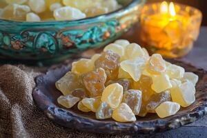 Aromatic Frankincense Resin Pieces on Rustic Wooden Background. Close-up of golden and pale yellow frankincense in a dark wooden bowl, next to a burning candle. photo