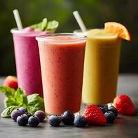 Refreshing Berry, Peach, and Mango Smoothies in Glasses. A close-up shot showcasing three delicious fruit smoothies. photo