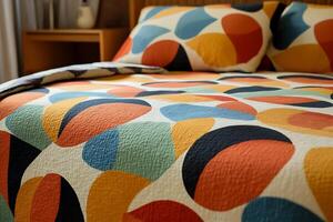 Abstract Design Quilted Bedspread and Pillow Set in Warm Hues. This image showcases a close-up view of a textured, colorful bedding set. photo