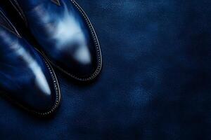 Elegant Blue Leather Shoes on Textured Background. A high-fashion close-up showcasing the detail and texture of luxurious men's footwear. photo