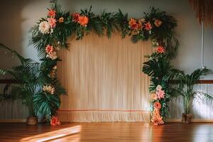 Tropical Floral Backdrop with Textured Curtain for Events and Photoshoots. This image showcases a stunning arrangement perfect for weddings, parties, or product photography. photo