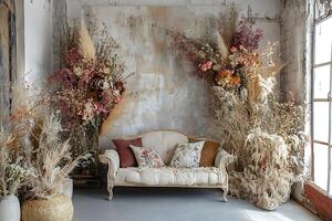 Elegant Sofa Arrangement with Dried Flowers in a Rustic Interior. photo