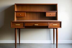 Mid-Century Modern Wooden Desk with Built-in Shelves and Drawers. A stylish and functional writing desk perfect for home or office use. photo