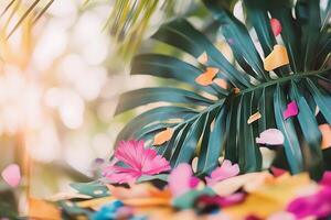 Tropical Leaf with Colorful Petals and Soft Sunlight. A vibrant image perfect for summer designs or tropical themes. photo