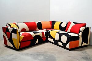 Mid-Century Modern L-Shaped Sofa with Abstract Geometric Pattern. This stylish and colorful sectional sofa is perfect for adding a pop of art to any living space. photo