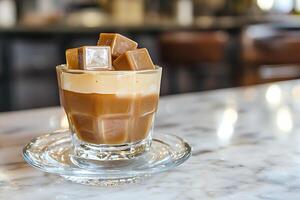 Iced Coffee with Caramel Cubes in a Glass on Marble Surface. A refreshing summer beverage. photo