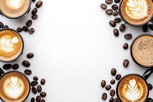 Aromatic Coffee Cups with Latte Art and Coffee Beans A Delightful Beverage Image. photo