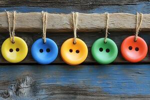 Colorful Buttons Hanging on Rustic Wood A Decorative Still Life. photo