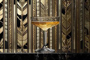 Elegant Cocktail in a Crystal Coupe Glass against an Art Deco Background. A sophisticated image perfect for menus, advertisements, or articles about mixology and Art Deco design. photo