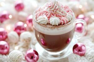 Festive Hot Chocolate with Pink and White Whipped Cream Topping. A delicious winter beverage surrounded by pink ornaments and soft lighting. photo