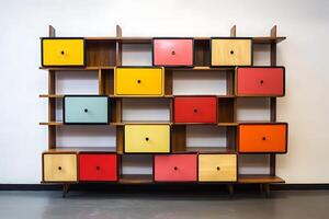 Mid-Century Modern Colorful Storage Unit A Stylish and Functional Wooden Shelving System. photo