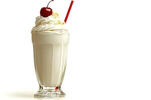 Creamy Milkshake with Whipped Cream and Cherry Garnish. A delicious and refreshing summer treat, perfect for satisfying sweet cravings. photo