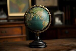 Antique Globe on Wooden Desk A Symbol of Exploration and Discovery. photo