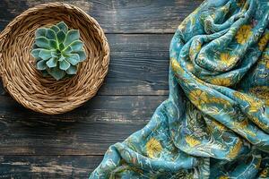 Succulent Plant in Wicker Basket and Teal Floral Fabric on Dark Wood Background. A flat lay image showcasing a natural element and a stylish textile. photo