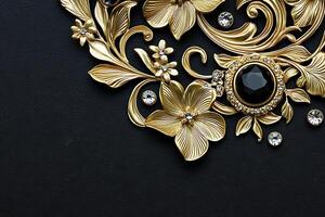 Luxurious Gold Floral Ornament with Black and Clear Gems on Black Background. A stunning image perfect for design projects requiring elegance and sophistication. photo