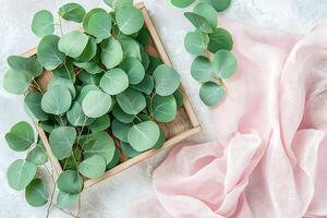 Eucalyptus Leaves in Wooden Tray with Pink Fabric Drape Elegant Flat Lay Photography. photo