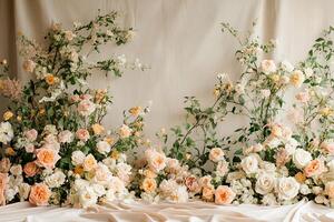 Elegant Peach and Cream Floral Arrangement Against a Neutral Background. This stunning image showcases a luxurious display of roses and other blooms, perfect for wedding or event inspiration. photo