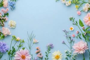 Pastel Flower Frame on a Light Blue Background A Springtime Floral Design. photo