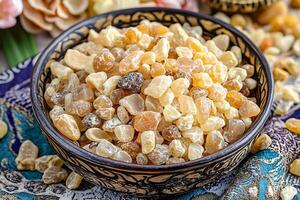 Aromatic Frankincense Resin in Ornate Bowl. Close-up of fragrant resin pieces. photo