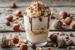 Delicious Hazelnut Chocolate Cream Dessert in Glass. A close-up shot of a creamy dessert layered with hazelnut pieces and topped with whipped cream and chocolate sauce. photo