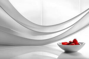 Still Life of Strawberries in a White Bowl with Draped Fabric. A minimalist composition featuring vibrant red strawberries against a sleek, modern background. photo