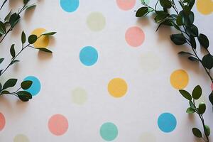 Pastel Polka Dot Background with Green Branches. A flat lay image featuring a textured background with pastel colored circles and green foliage. photo