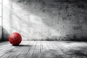 Red Basketball on Grunge Wooden Floor and Wall Background. A dramatic image ideal for sports-themed designs or backgrounds. photo