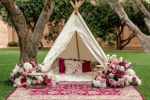 Romantic Teepee Setting Outdoor Bohemian Relaxation Scene. A whimsical teepee adorned with lace and surrounded by lush floral arrangements creates a dreamy, romantic atmosphere. photo